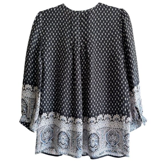 Joie Silk Boho Paisley Peasant Blouse Size Small Black White Tie Neck - Picture 4 of 6